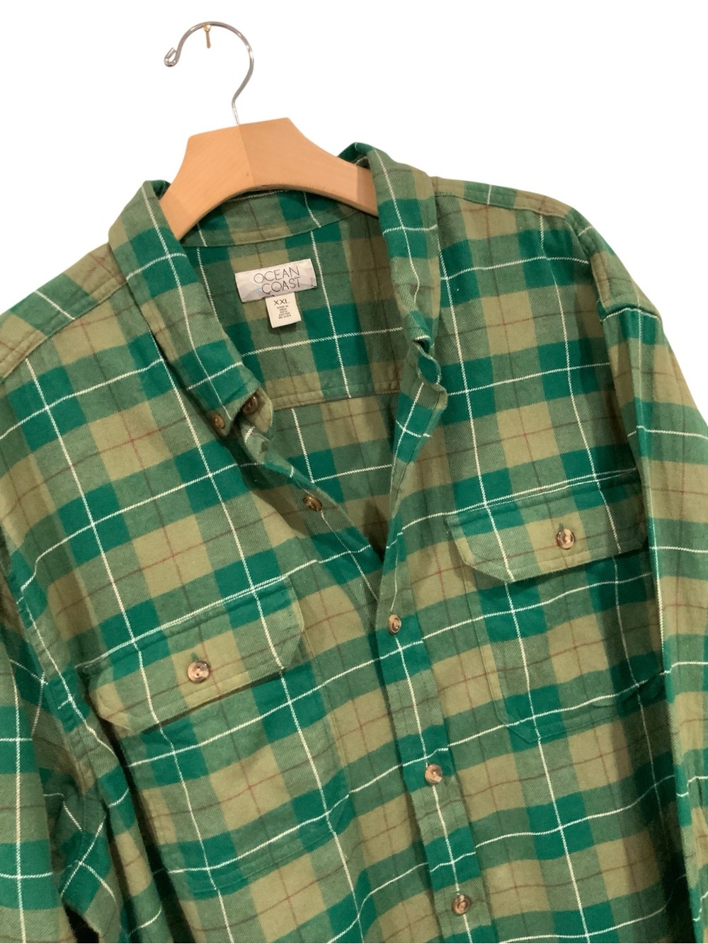 Ocean & Coast Men's Long-Sleeve Green Plaid Flannel Shirt Sz XXL